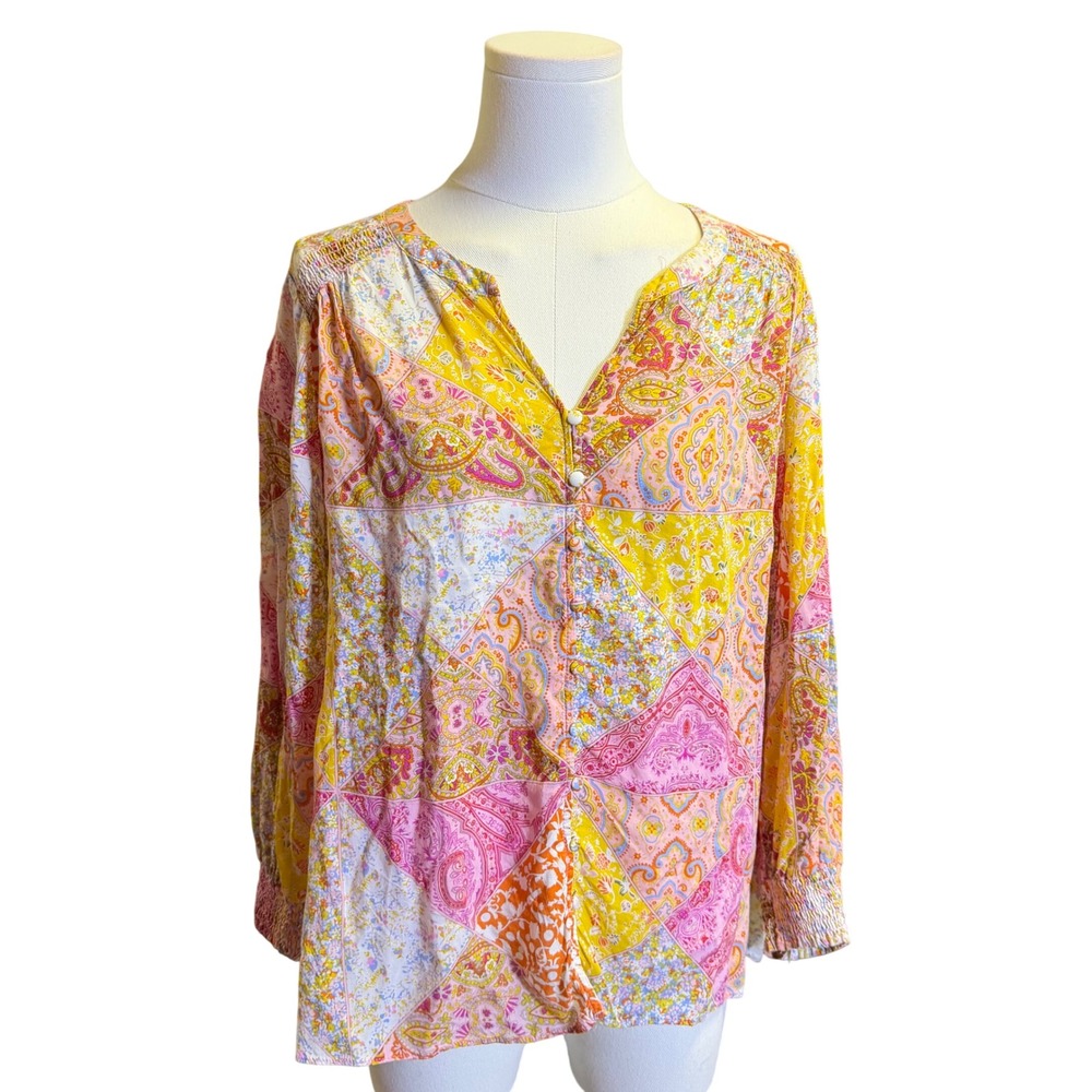 Rose + Olive Blouse Womens Large Pink Yellow Good Patchwork Paisley Smocked Boho